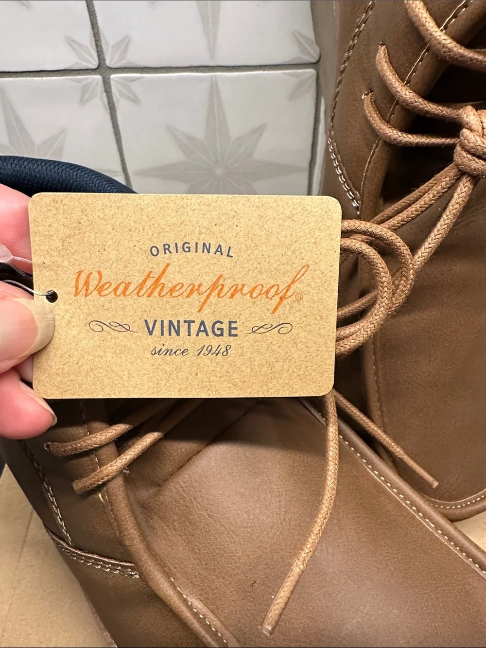 Original Weatherproof Vintage Brown Hiking Boots w Navy Collar NIB Sz12